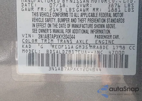 2019 Nissan Sentra Sv from USA, damaged, VIN 3N1AB7APXKY204044